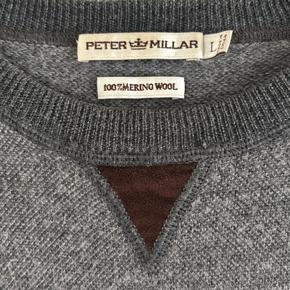 Peter Millar Grey Merino Wool Signature Crewneck Elbow Patch Sweater Large Mens - Picture 2 of 9